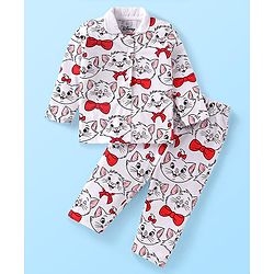 Babyhug Disney Interlock Knit Full Sleeves Night Suit With Aristocats Marie Graphics - White