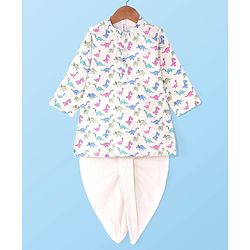 Babyhug 100% Cotton Woven Full Sleeves Dino Printed   Kurta & Dhoti Set - Cream