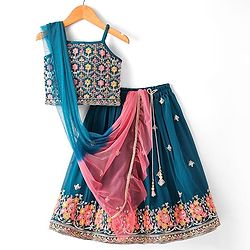 Babyhug Singlet Sleeves Abla  Embroidered Choli With Lehenga and Dupatta Set - Teal Blue