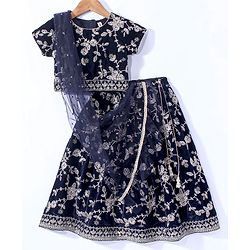 Babyhug Woven Short Sleeves Choli Lehenga & Dupatta Set with Floral Embroidery - Navy Blue