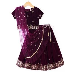 Babyhug Woven Half Sleeves Sequin Embroidered Choli Lehenga Set with Dupatta - Wine