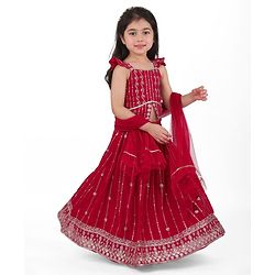Babyhug Georgette  Woven Sleeveless Sequined Embroidered Choli Lehenga Set with Dupatta  - Maroon