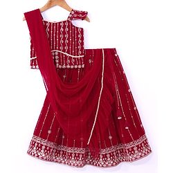 Babyhug Georgette  Woven Sleeveless Sequined Embroidered Choli Lehenga Set with Dupatta  - Maroon