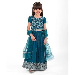 Babyhug Georgette Woven Half Sleeves Floral Embroidered Choli Lehenga Set with Dupatta & Lae Detailing - Teal Blue