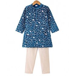 Babyhug Woven Full Sleeves Floral Embroidered Velvet Sherwani Kurta Pyjama Set - Teal