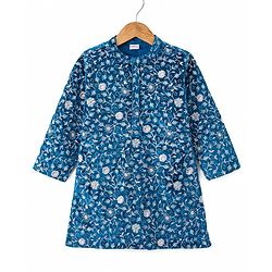 Babyhug Woven Full Sleeves Floral Embroidered Velvet Sherwani Kurta Pyjama Set - Teal