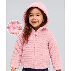 Babyhug Woven Full Sleeves Hooded Fur Winter Jacket with Solid Colour - Pink