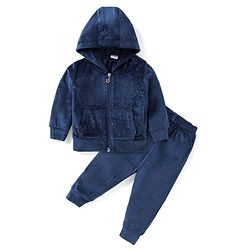 Babyhug Velour Woven Full Sleeves Hooded Winter Wear Suit with Fur  & Kangaroo Pockets - Navy Blue