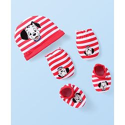 Babyhug Disney Interlock Knit Cap Mittens & Booties With 101 Dalmatians Graphics -Red