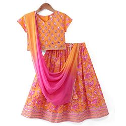 Babyhug Woven Half Sleeves Floral Print Choli Lehenga & Dupatta Set With Sequin Embroidery & Lace Detailing - Orange