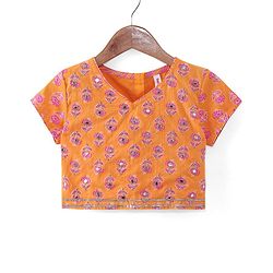 Babyhug Woven Half Sleeves Floral Print Choli Lehenga & Dupatta Set With Sequin Embroidery & Lace Detailing - Orange