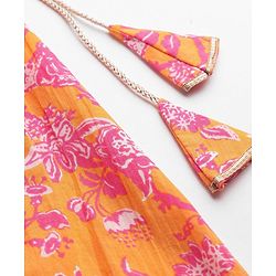 Babyhug Woven Half Sleeves Floral Print Choli Lehenga & Dupatta Set With Sequin Embroidery & Lace Detailing - Orange