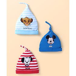 Babyhug Disney Interlock Knit Caps With Mickey Mouse 101 Dalmatians & Lion King Graphics Pack of 3 - Red Blue & Light Blue