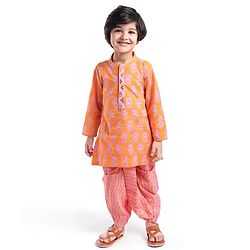 Babyhug Cotton Knit Full Sleeves Floral Printed Kurta Dhoti Set - Dark Peach