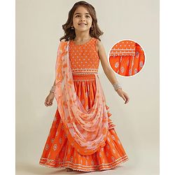 Babyhug Woven Sleeveless Foil Printed Choli Lehenga & Dupatta Set with Tassles & Lace Detailing - Orange