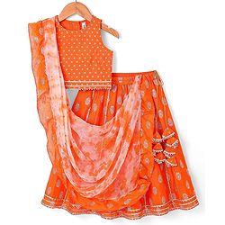 Babyhug Woven Sleeveless Foil Printed Choli Lehenga & Dupatta Set with Tassles & Lace Detailing - Orange