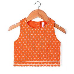 Babyhug Woven Sleeveless Foil Printed Choli Lehenga & Dupatta Set with Tassles & Lace Detailing - Orange