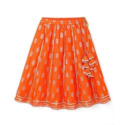Babyhug Woven Sleeveless Foil Printed Choli Lehenga & Dupatta Set with Tassles & Lace Detailing - Orange