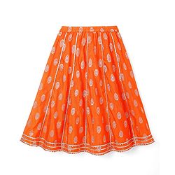 Babyhug Woven Sleeveless Foil Printed Choli Lehenga & Dupatta Set with Tassles & Lace Detailing - Orange
