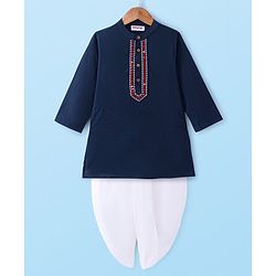 Babyhug Woven Full Sleeves Solid Colour Kurta Dhoti Set with Mirror Embroidery - Navy Blue