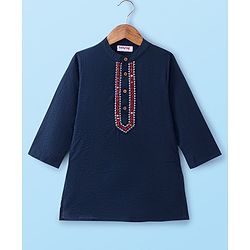 Babyhug Woven Full Sleeves Solid Colour Kurta Dhoti Set with Mirror Embroidery - Navy Blue