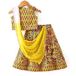 Babyhug Woven Sleeveless Floral Printed Choli Lehenga Set with Dupatta & Lace Detailing - Yellow