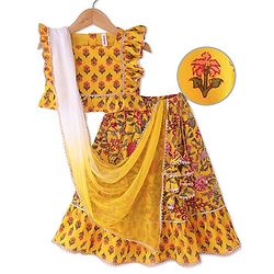 Babyhug Woven Frill Sleeves Floral Printed Choli Lehenga Set with Dupatta & Lace Detailing - Yellow