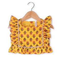Babyhug Woven Frill Sleeves Floral Printed Choli Lehenga Set with Dupatta & Lace Detailing - Yellow