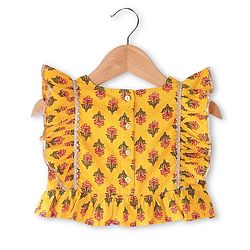 Babyhug Woven Frill Sleeves Floral Printed Choli Lehenga Set with Dupatta & Lace Detailing - Yellow