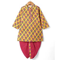 Babyhug Cambric Woven Full Sleeves Kurta Dhoti Set With Floral Print - Mustard & Dark Pink
