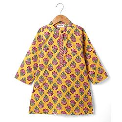 Babyhug Cambric Woven Full Sleeves Kurta Dhoti Set With Floral Print - Mustard & Dark Pink