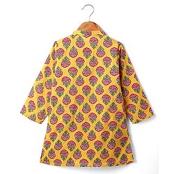 Babyhug Cambric Woven Full Sleeves Kurta Dhoti Set With Floral Print - Mustard & Dark Pink