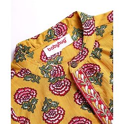 Babyhug Cambric Woven Full Sleeves Kurta Dhoti Set With Floral Print - Mustard & Dark Pink