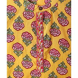 Babyhug Cambric Woven Full Sleeves Kurta Dhoti Set With Floral Print - Mustard & Dark Pink