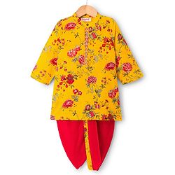 Babyhug 100% Cotton Woven Cambric Full Sleeves Floral Printed Kurta & Dhoti Set - Yellow
