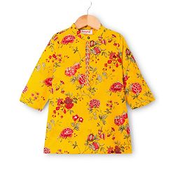Babyhug 100% Cotton Woven Cambric Full Sleeves Floral Printed Kurta & Dhoti Set - Yellow