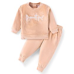 Babyhug Velour Woven Full Sleeves Winter Wear Suit With Text Embroidery - Peach