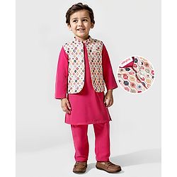 Babyhug Woven Full Sleeves Solid Kurta Pyjama Set With Sequin Embroided Jacket  -Red