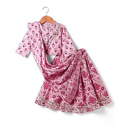 Babyhug Cotton Woven Three Fourth Sleeves Cambric Choli Lehenga Set And Dupatta with Floral Print - Pink