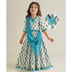 Babyhug Cotton Cambric Woven Three Fourth Sleeves Floral Printed Choli Lehenga Set with Dupatta  - Offwhite