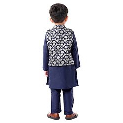 Babyhug Woven Full Sleeves Solid Colour Kurta Pyjama Set with Floral Printed Brocade Nehru Jacket - Navy Blue