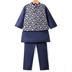 Babyhug Woven Full Sleeves Solid Colour Kurta Pyjama Set with Floral Printed Brocade Nehru Jacket - Navy Blue