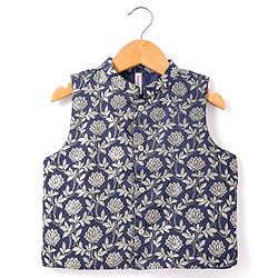 Babyhug Woven Full Sleeves Solid Colour Kurta Pyjama Set with Floral Printed Brocade Nehru Jacket - Navy Blue