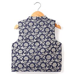 Babyhug Woven Full Sleeves Solid Colour Kurta Pyjama Set with Floral Printed Brocade Nehru Jacket - Navy Blue