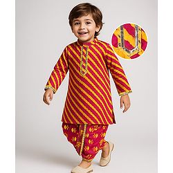 Babyhug Cotton Woven Full Sleeves Cambric Dhoti Kurta Set Leheriya Print - Orange & Yellow