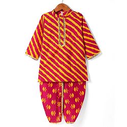 Babyhug Cotton Woven Full Sleeves Cambric Dhoti Kurta Set Leheriya Print - Orange & Yellow