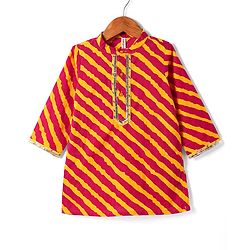 Babyhug Cotton Woven Full Sleeves Cambric Dhoti Kurta Set Leheriya Print - Orange & Yellow