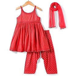 Babyhug Woven Singlet Sleeves Foil Printed Kurta Patiala & Dupatta Set - Red