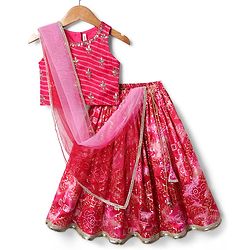 Babyhug Woven Sleeveless Choli Lehenga & Dupatta Set With Floral Embriodery & Lace Detailing - Pink