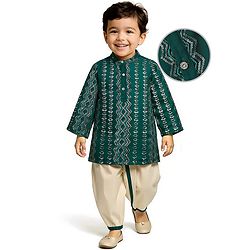Babyhug Woven Mandarin Collar Full Sleeves Kurta Dhoti Set with Sequin Embroidery - Green